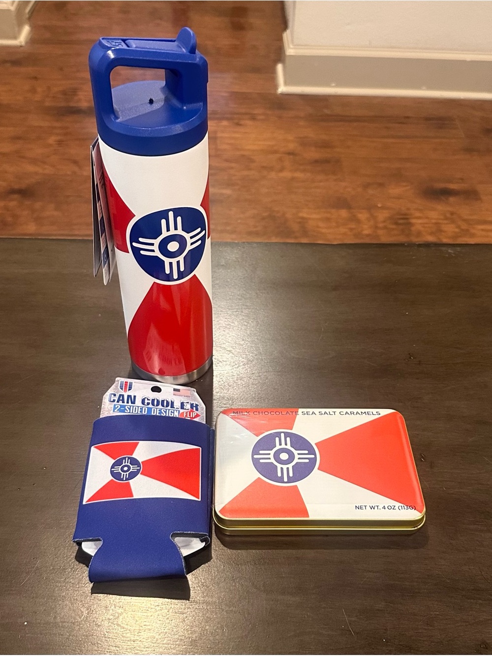 Patriotic Blue & Red Insulated Bottle with Matching Koozie and Tin